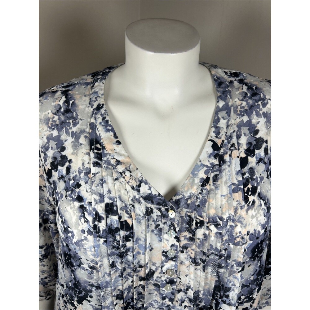 Rose Olive Blouse 2X Blue Abstract Floral Classic Casual Workwear Office Career - Picture 3 of 13